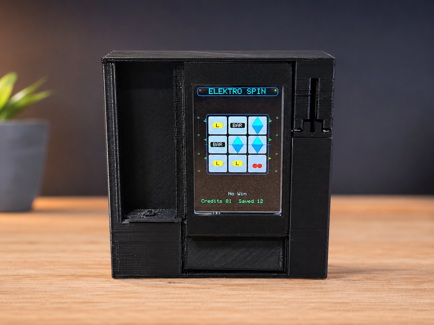 DIY Piggy Bank Slot Machine with ESP32, coin sensor, display, and servo gate